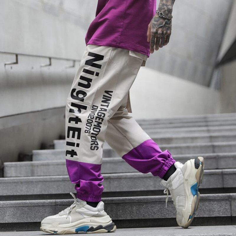 Spring autumn man vintage hip hop cargo pants purple patchwork joggers mens sport sweatpants korean streetwear